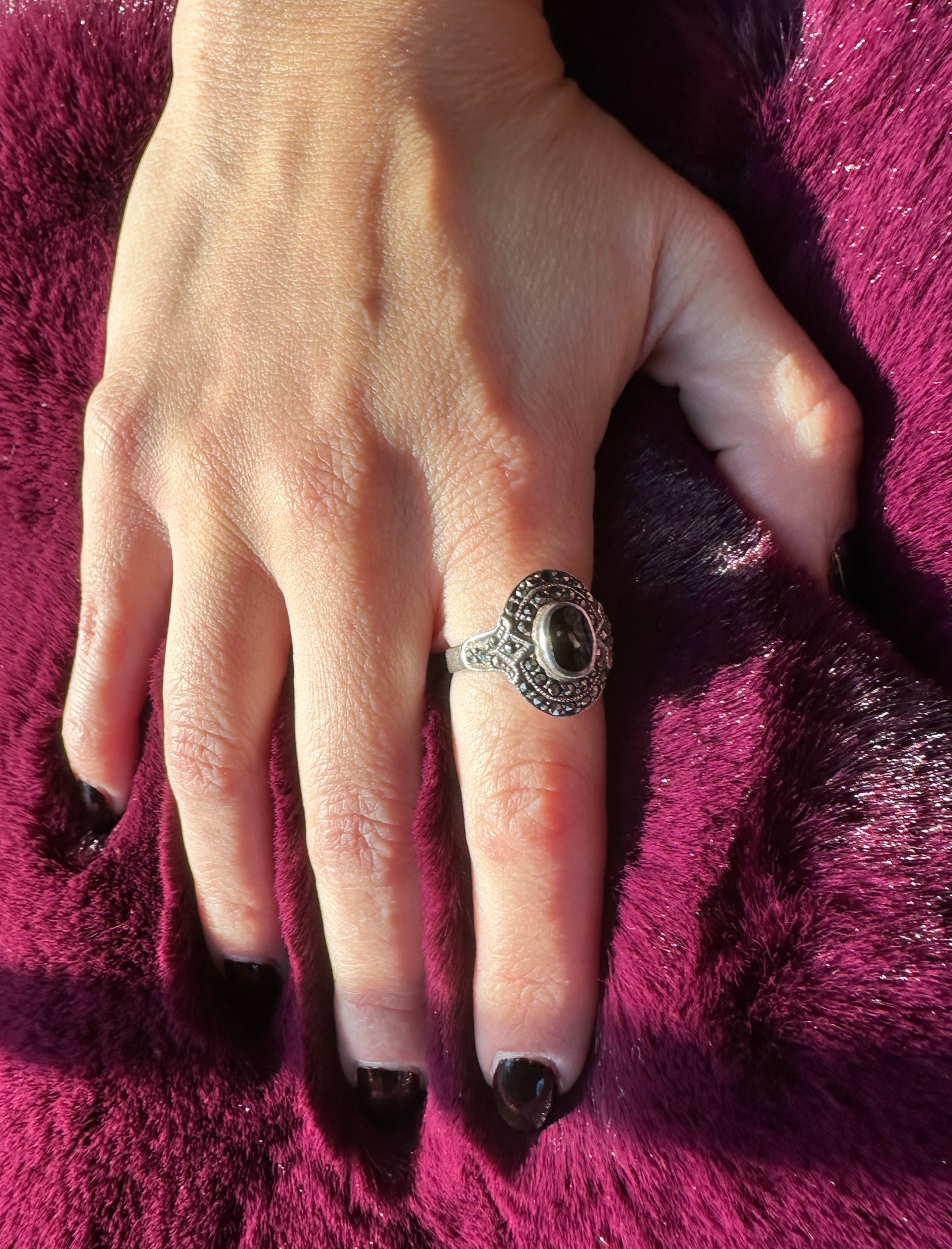 Onyx And Marcasite Ring SZ 6