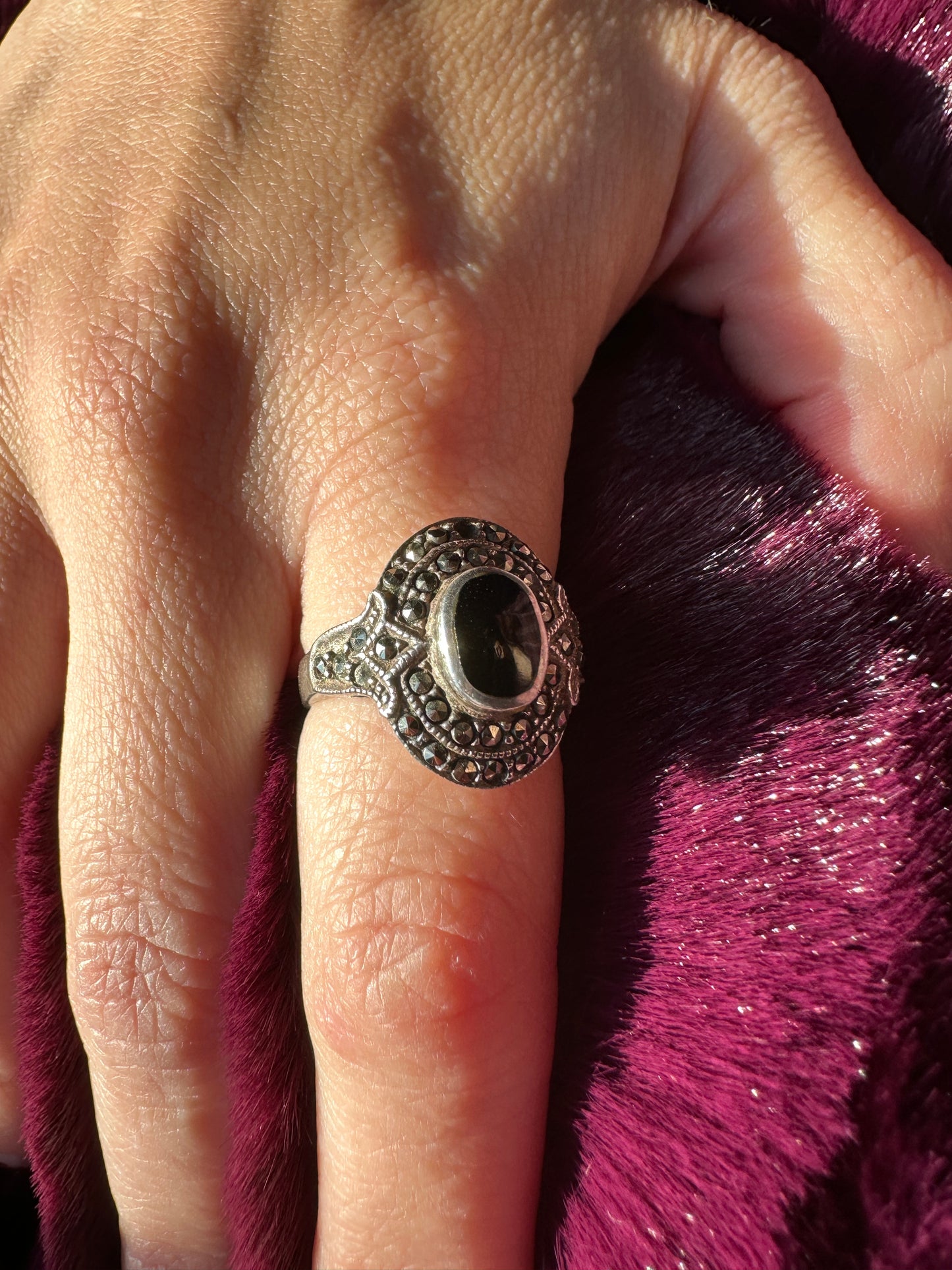 Onyx And Marcasite Ring SZ 6