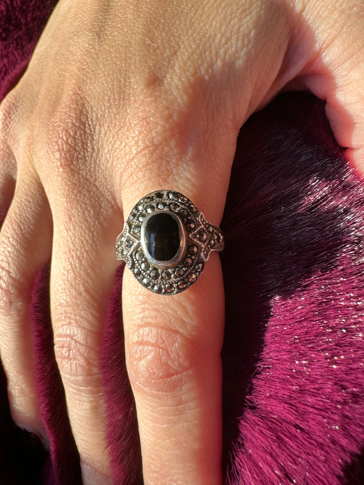Onyx And Marcasite Ring SZ 6
