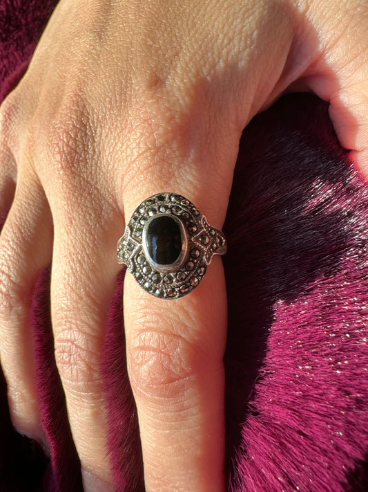 Onyx And Marcasite Ring SZ 6
