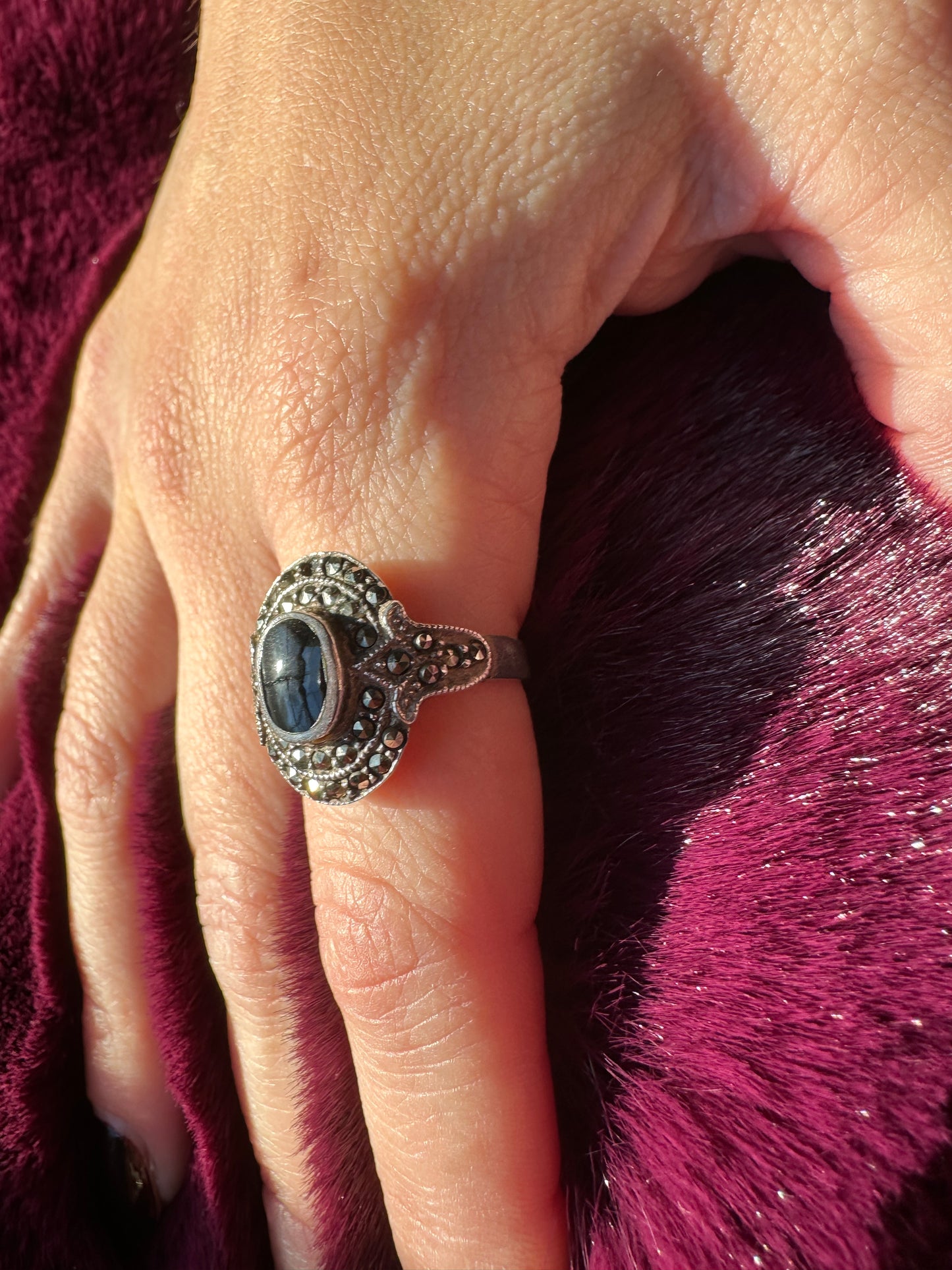 Onyx And Marcasite Ring SZ 6