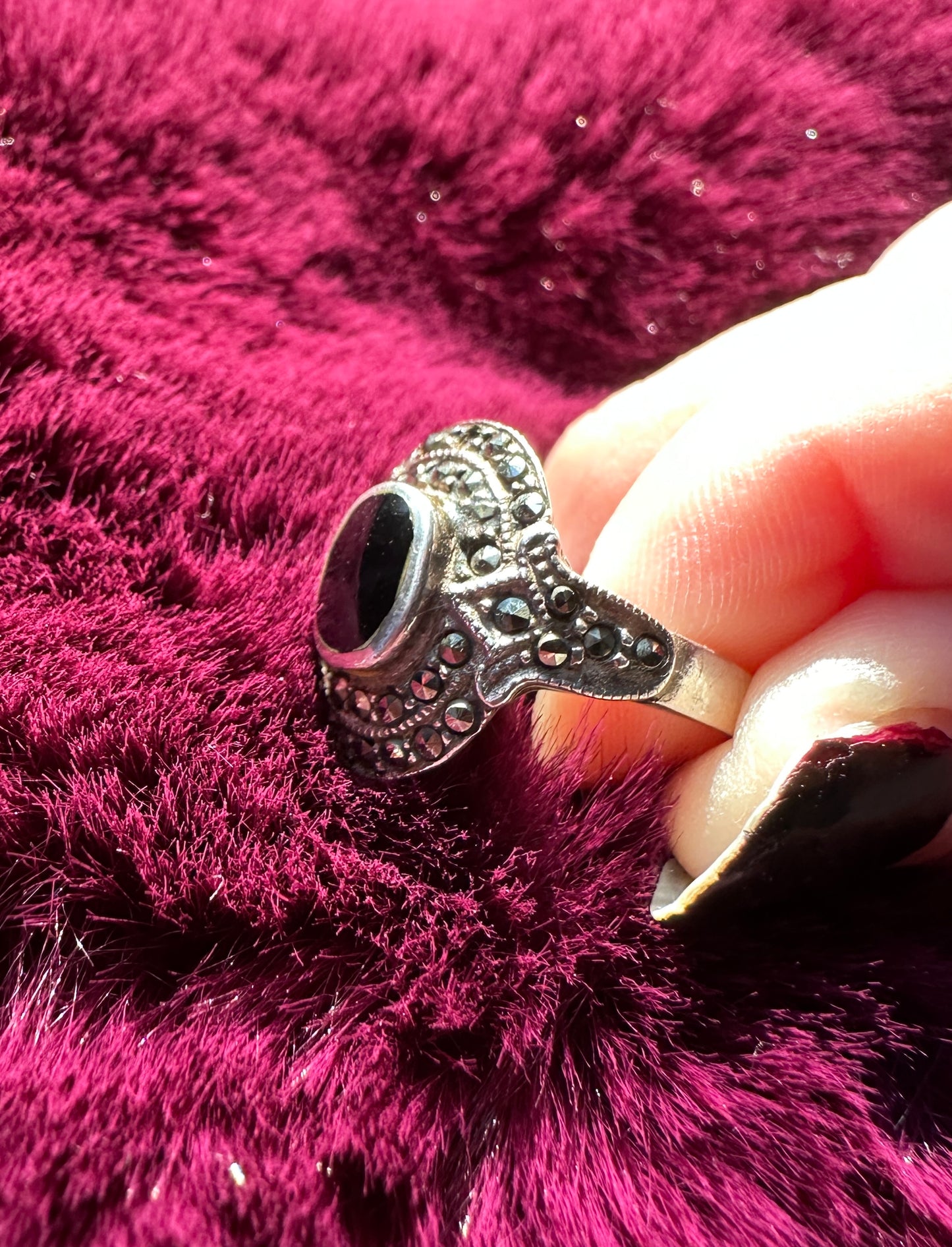 Onyx And Marcasite Ring SZ 6