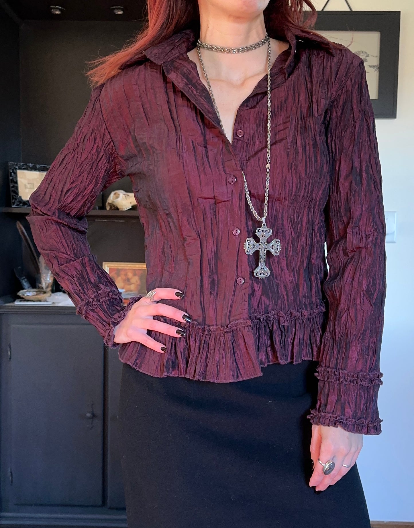 Crinkled Taffeta Button Down SZ M