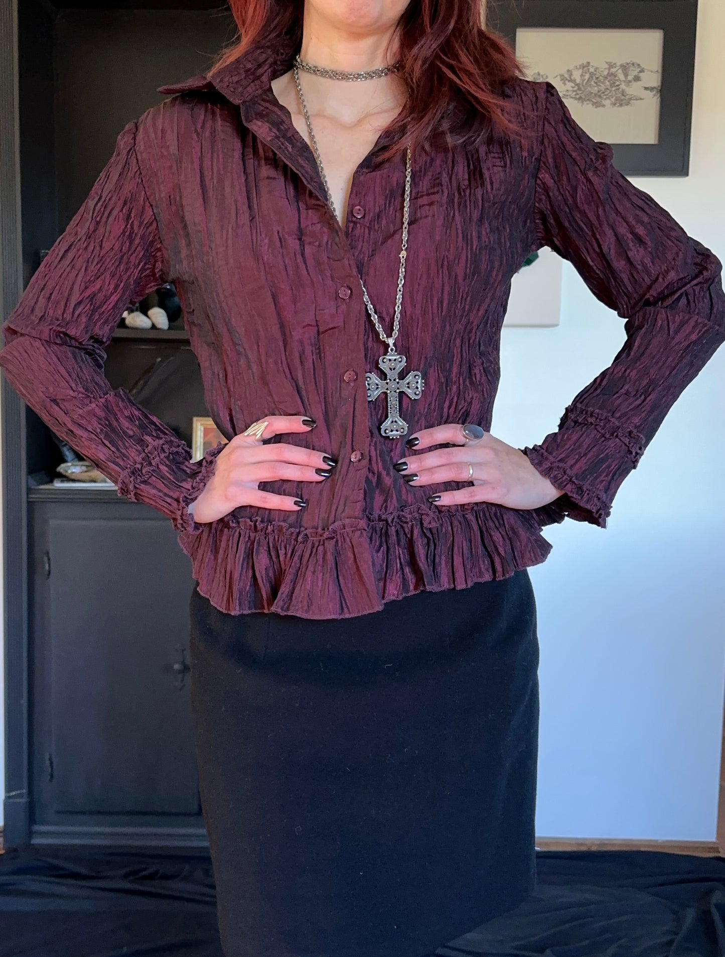 Crinkled Taffeta Button Down SZ M