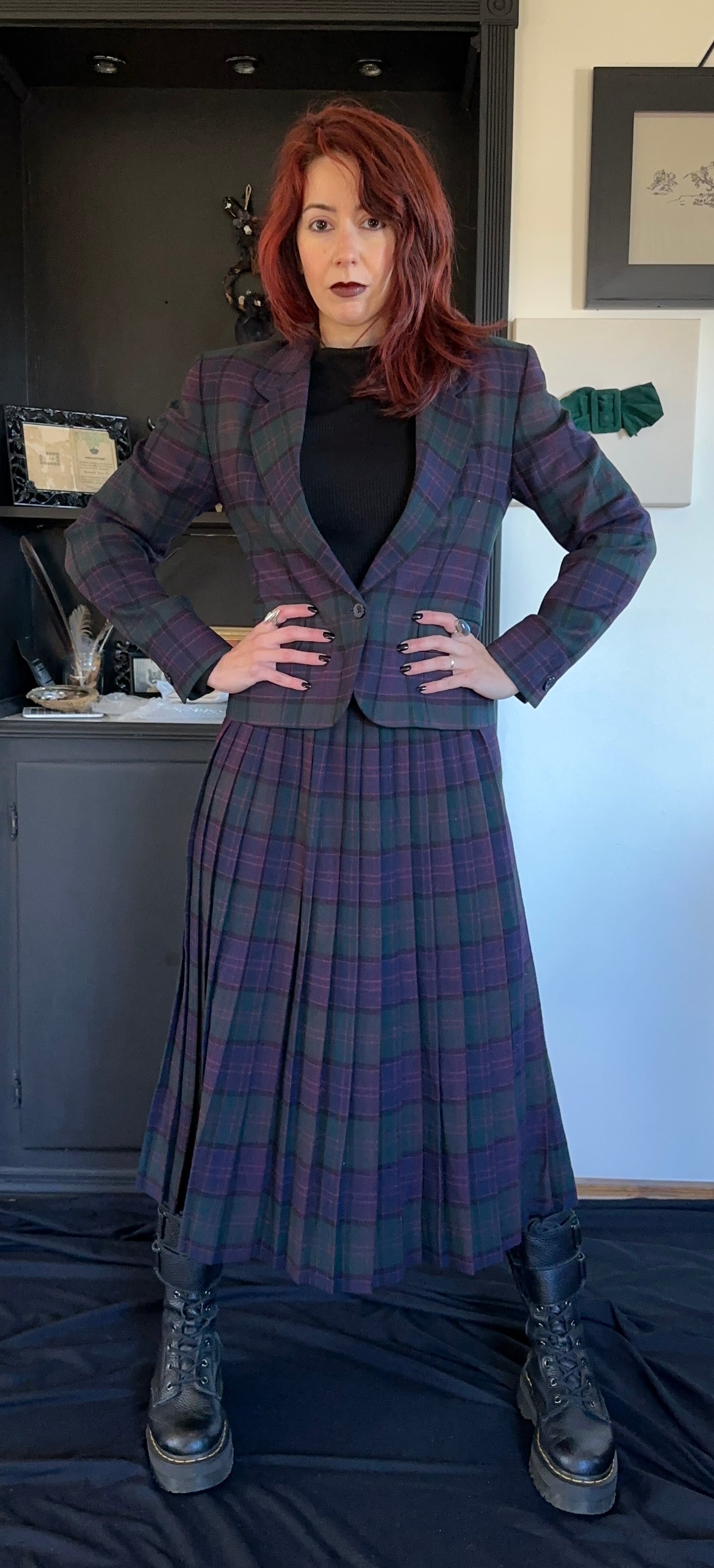 Dark Academia Plaid Wool Skirt Suit XXS-XS
