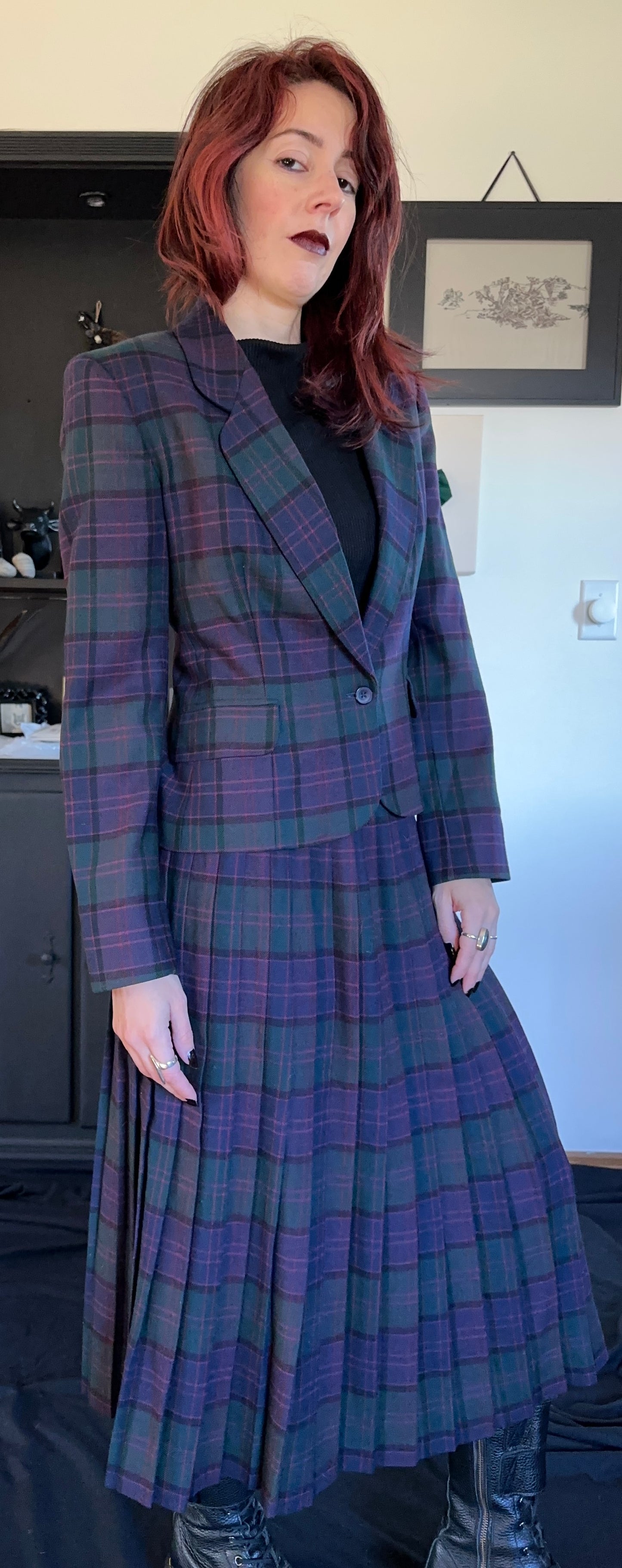 Dark Academia Plaid Wool Skirt Suit XXS-XS