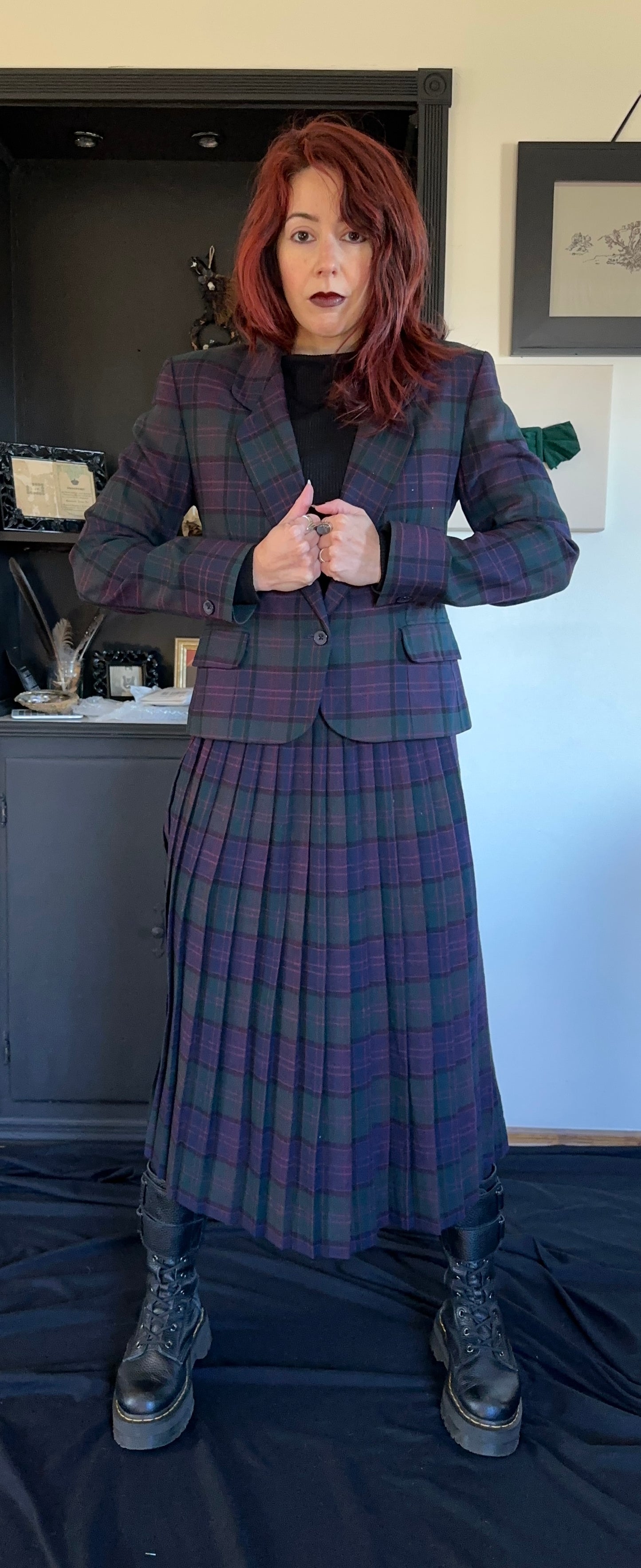 Dark Academia Plaid Wool Skirt Suit XXS-XS