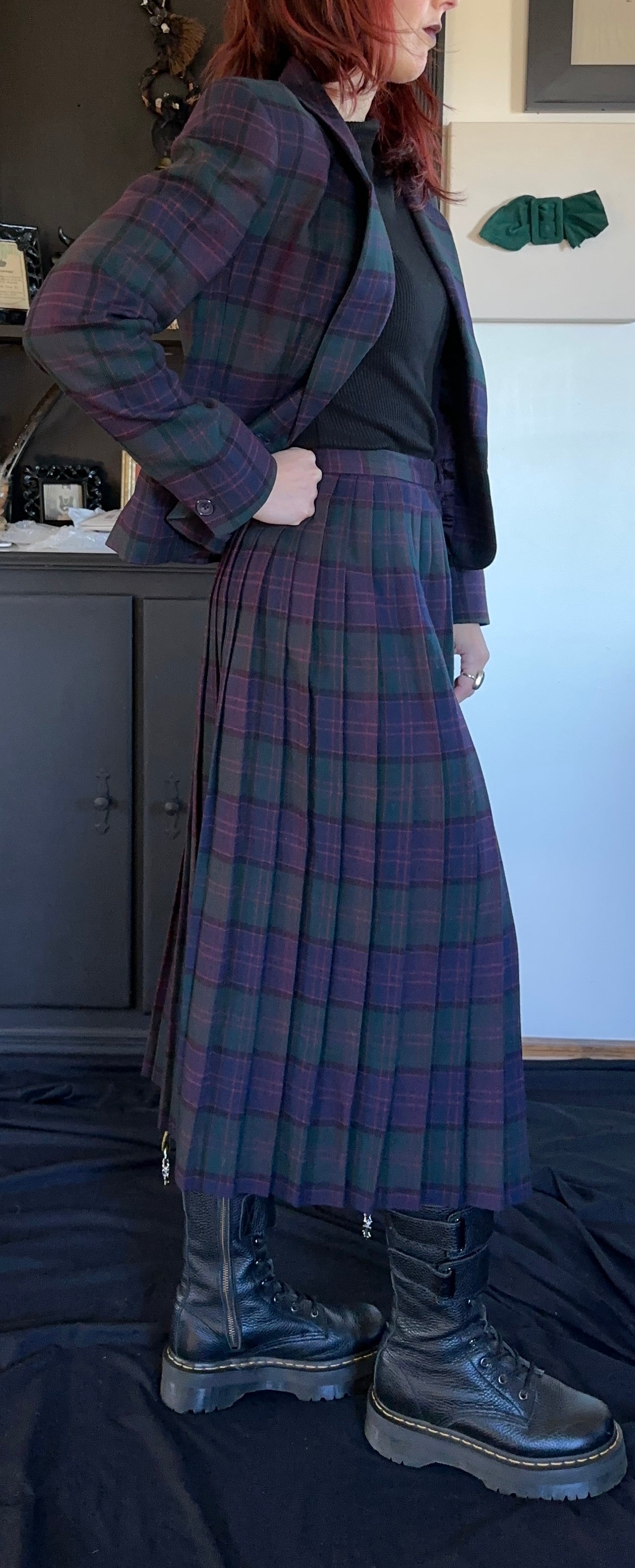 Dark Academia Plaid Wool Skirt Suit XXS-XS