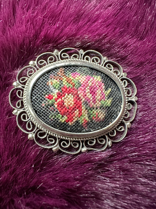 Vintage Cross-Stitched Victorian Goth Brooch