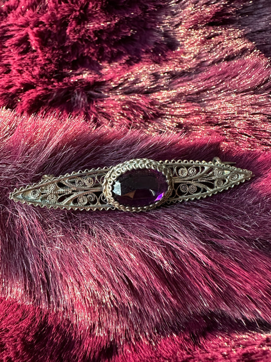 Antique Silver And Amethyst Pin
