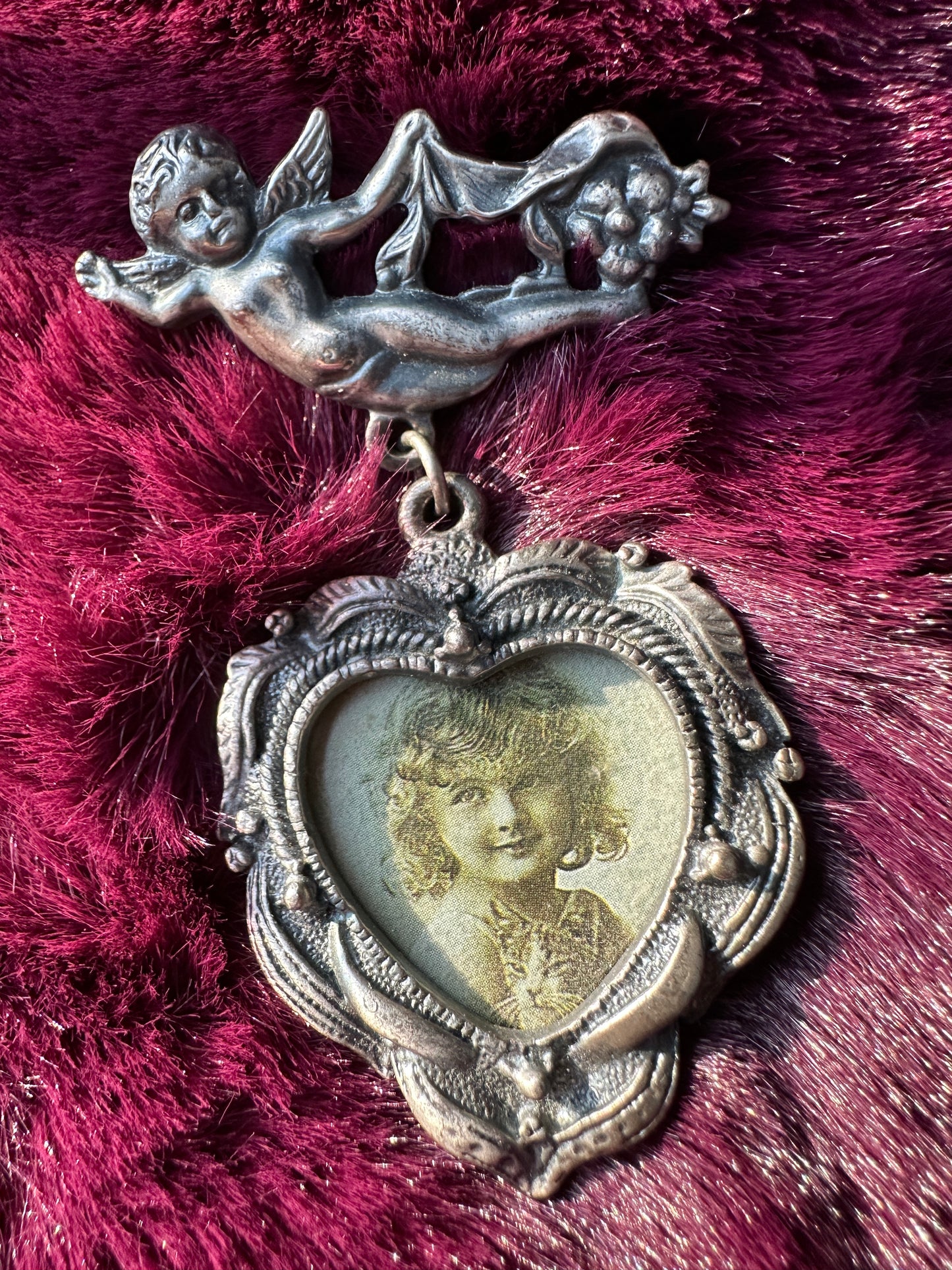 Victorian Style Cherub And Heart Pin