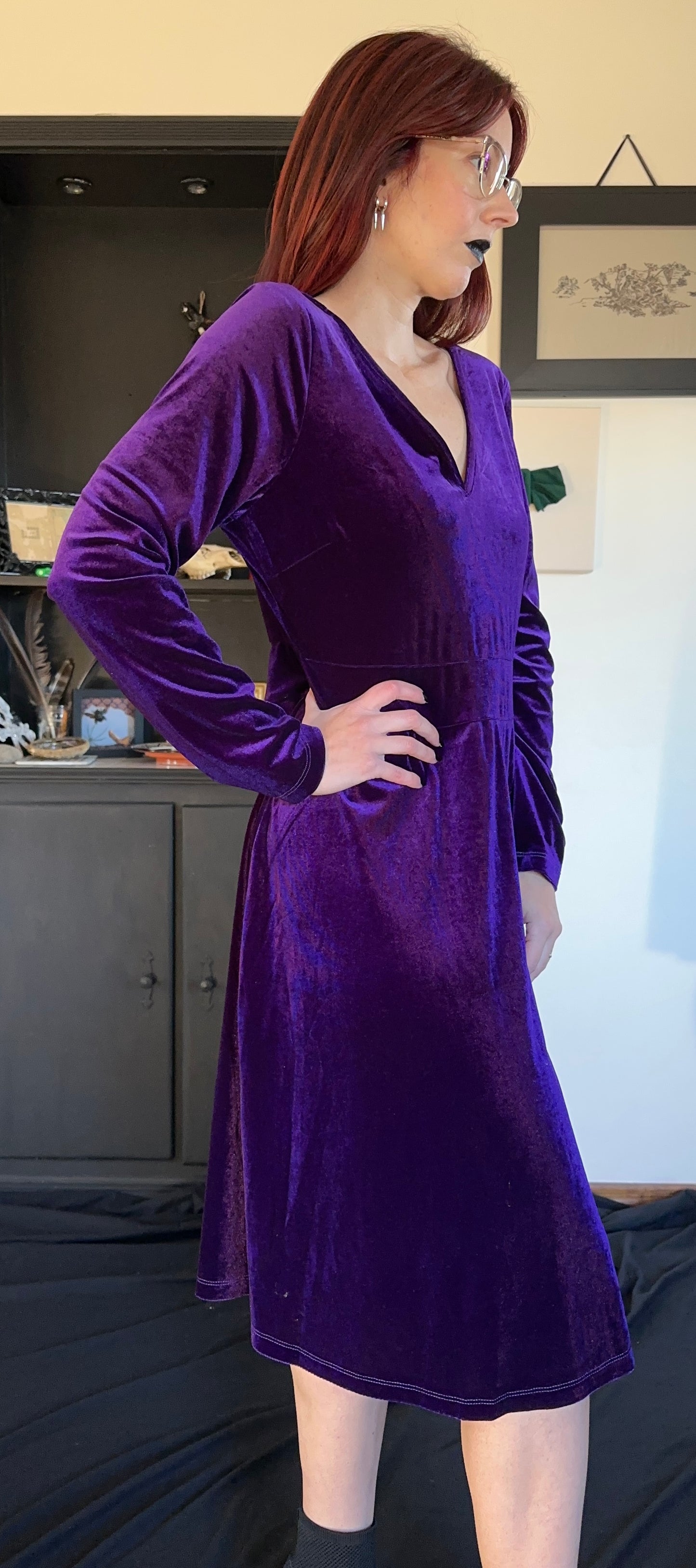 Velvet Plunge Long Sleeve Dress L
