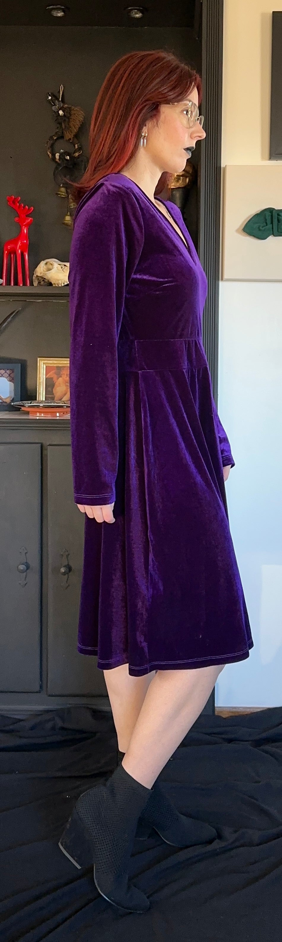Velvet Plunge Long Sleeve Dress L